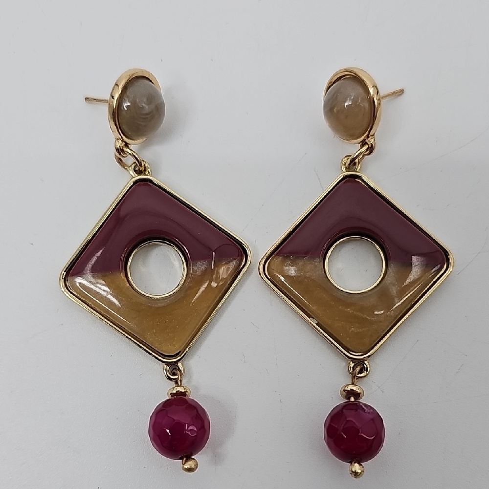 Chico's Gold Encased Amber & Cranberry Geometric Drop Earrings‎